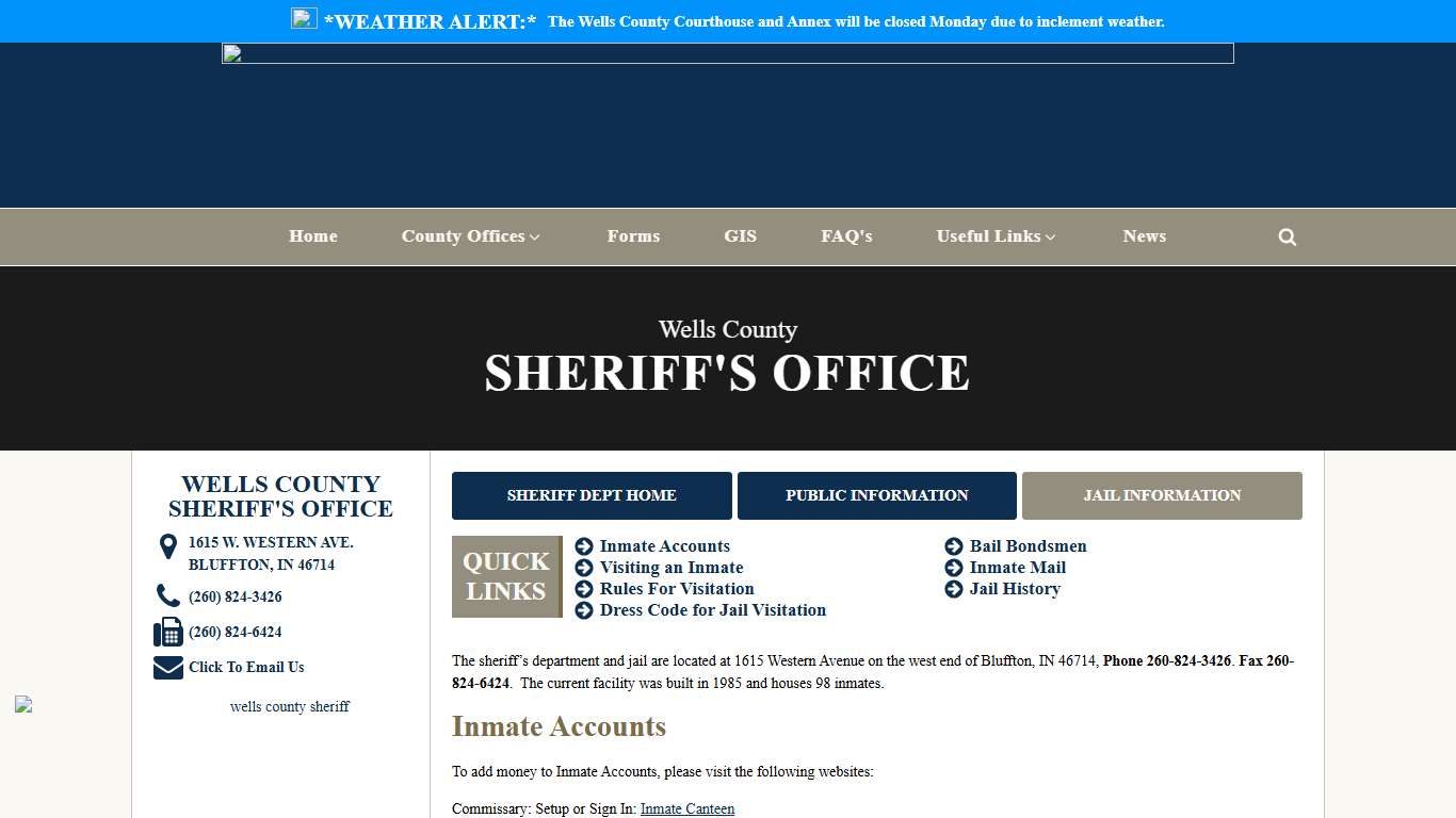 Sheriff's Office - Jail Information - Wells County Indiana